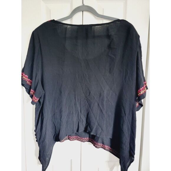 Bila 1XP Black Embroidered Top Women's Plus Boho Peasant S/S Vtg Shoulder Pads - Picture 2 of 8